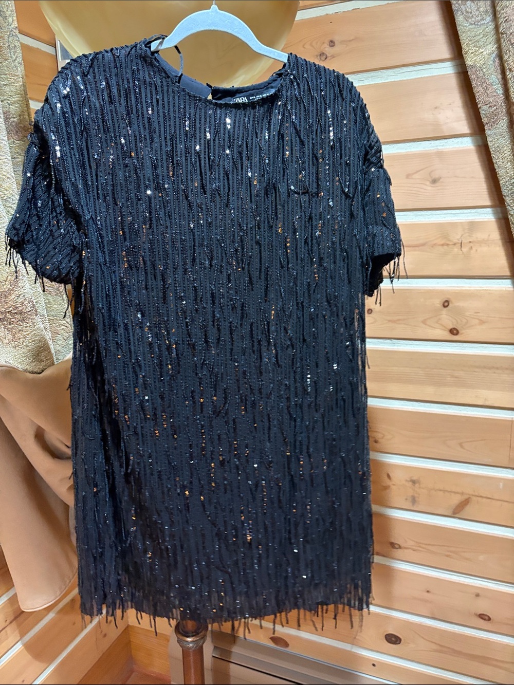 Zara Black Sequin Fringe Short-Sleeve Tunic Dress